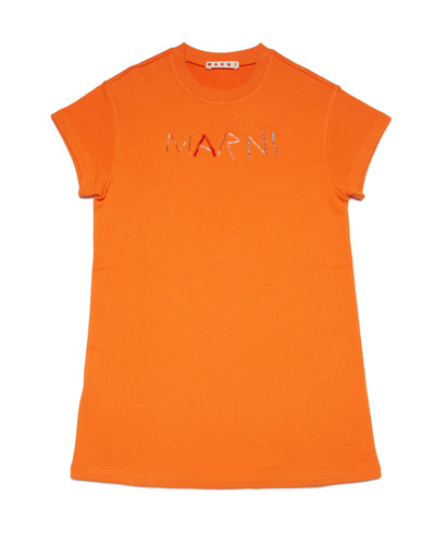Shop Marni Kids Logo Embellished Crewneck Dress In Orange