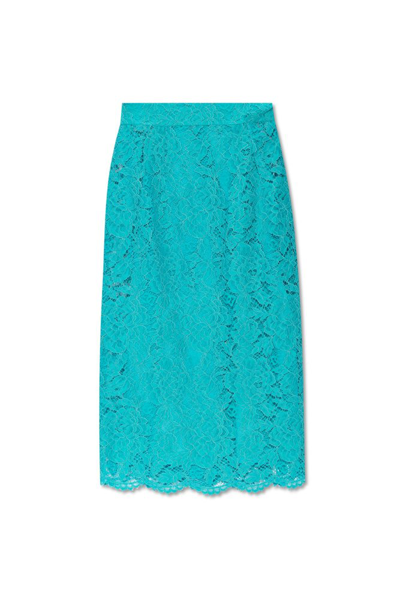 Shop Dolce & Gabbana High Waist Lace Skirt In Blue