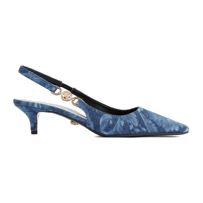 Shop Versace Barocco Denim Slingback Pumps Shoes In Blue