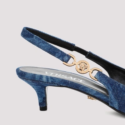 Shop Versace Barocco Denim Slingback Pumps Shoes In Blue