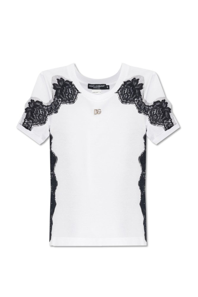 Shop Dolce & Gabbana Dg Logo Plaque Lace Detailed Jersey T In White