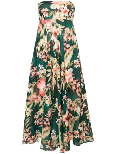 Shop Zimmermann Floral Print Linen Bandeau Midi Dress In Green