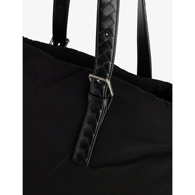 Shop Bottega Veneta Black-silver Logo-patch Faux-leather Tote Bag