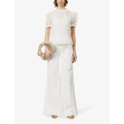 Shop Zimmermann Women's Ivory Floral-appliqué Slim-fit Linen And Silk-blend Top