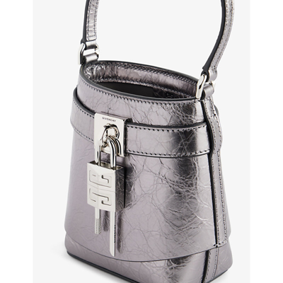Shop Givenchy Silvery Grey Shark-lock Micro Metallic-leather Bucket Bag