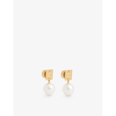 Shop Givenchy Logo-engraved Brass And Pearl Drop Earrings In White Golden Yellow