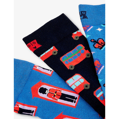 Shop Happy Socks Mens Multi London Pack Of Three Stretch-cotton-blend Socks