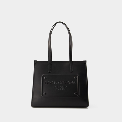 Shop Dolce & Gabbana Embossed Plaque Tote Bag - Dolce&gabbana - Leather - Black