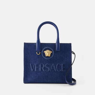 Shop Versace La Medusa Small Tote Bag -  - Cotton - Navy Blue