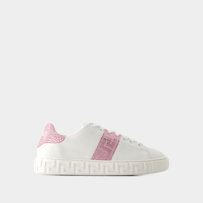 Shop Versace La Greca Sneakers -  - Leather - White/pink