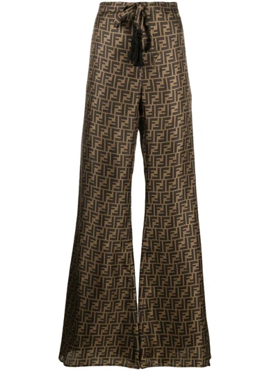 Shop Fendi Ff Silk Wide-leg Trousers In Brown