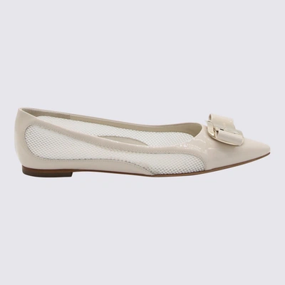 Shop Ferragamo Ivory Leather And Mesh Varina Flats