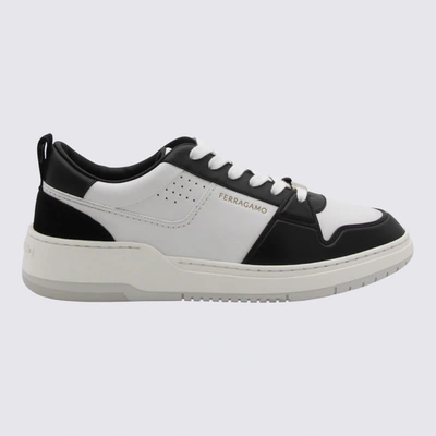 Shop Ferragamo White And Black Leather Street Style Pain Logo Sneakers