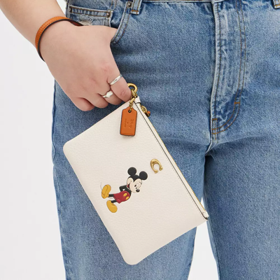 Coach Disney X  Small Wristlet In Regenerative Leather With Mickey Mouse In Brass/chalk Multi