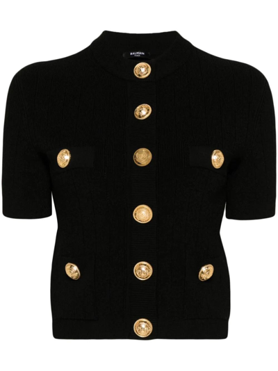 Shop Balmain Short Sleeve 4 Pockets Buttoned Knit Short Cardigan In Black  