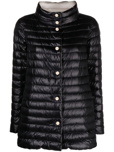 Herno Black Down Jacket With Snap Buttoned High Neck In Black  