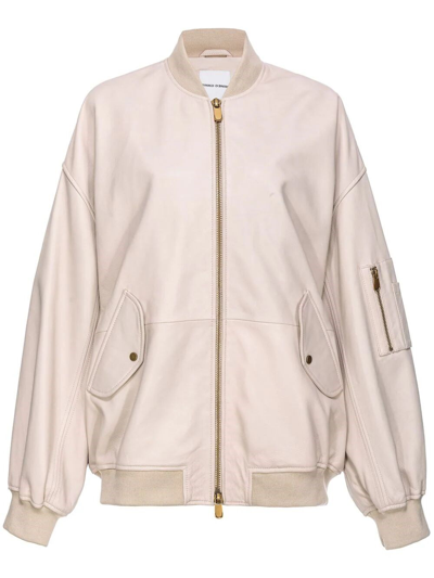 Shop Pinko `monterosi` Leather Bomber Jacket In Beige