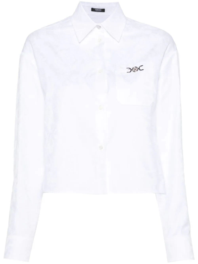 Shop Versace `baroque` Print Cropped Shirt In White