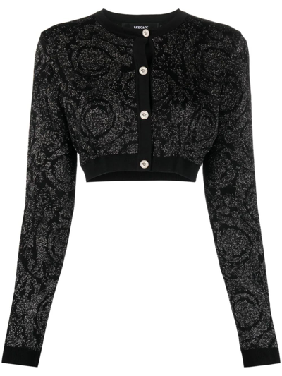 Shop Versace `barocco Texture` Knit Cropped Cardigan In Black  
