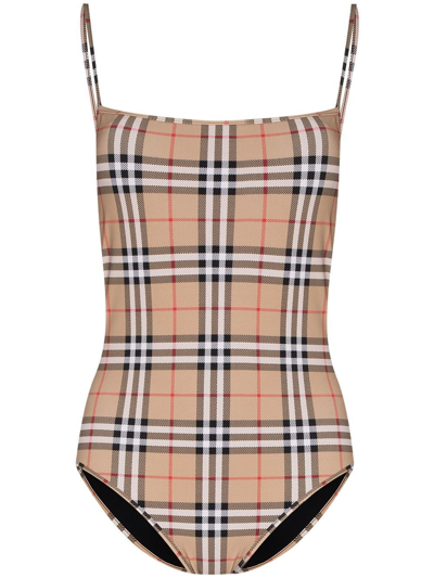 Shop Burberry `delia` `check` One-piece Swimsuit In Beige
