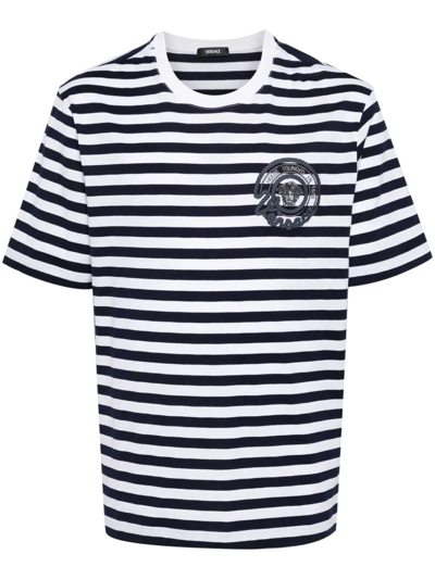 Shop Versace Nautical Emblem` Embroidery Striped T-shirt In White