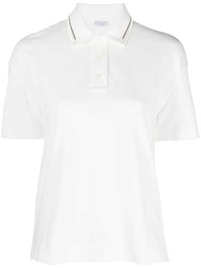 Shop Brunello Cucinelli Polo Shirt With Shiny Collar Trim In Beige