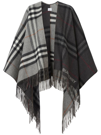 Shop Burberry `giant Check` Cape In Gray