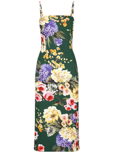 Shop Dolce & Gabbana `flower Power` Midi Dress In Green