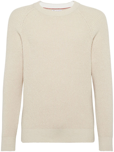 Shop Brunello Cucinelli English Rib Sweater With Raglan Sleeves In Beige
