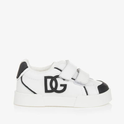 Shop Dolce & Gabbana Boys White & Black Leather Dg Trainers
