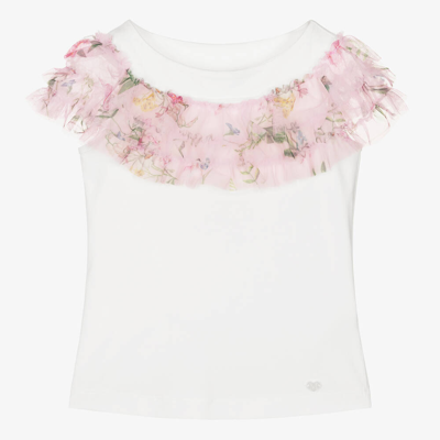 Shop Monnalisa Chic Teen Girls Ivory & Pink Floral Tulle T-shirt