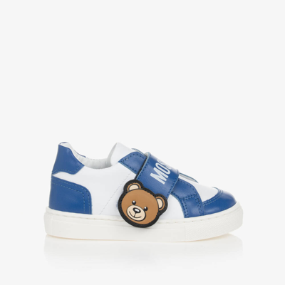 Shop Moschino Kid-teen Boys White & Blue Leather Bear Trainers