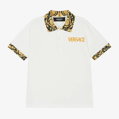 Shop Versace Boys Ivory Cotton Polo Shirt