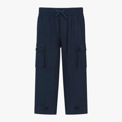 Shop Dolce & Gabbana Boys Blue Linen Cargo Trousers