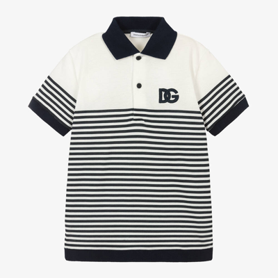 Shop Dolce & Gabbana Boys Navy Blue Striped Cotton Polo Shirt
