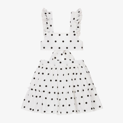 Shop Phi Clothing Girls Ivory & Black Polka Dot Skirt Set In White