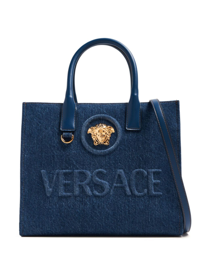 Shop Versace Blue La Medusa Small Tote Bag