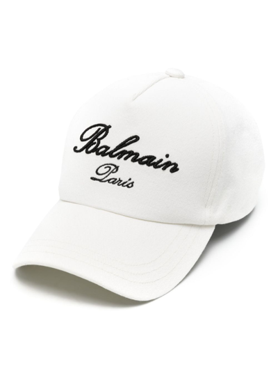 Shop Balmain White Signature Logo-embroidered Cotton Cap In Neutrals
