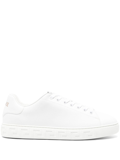 Shop Versace White Greca Faux Leather Sneakers