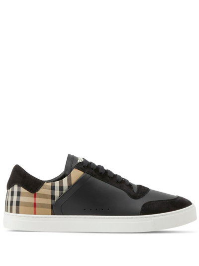 Shop Burberry Black Check Low-top Leather Sneakers