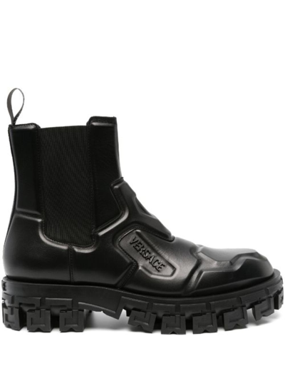Shop Versace Greca Portico Leather Boots - Men's - Fabric/calf Leather/calf Leatherrubber In Black