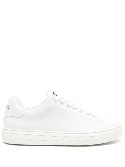 Shop Versace White Greca Faux Leather Sneakers