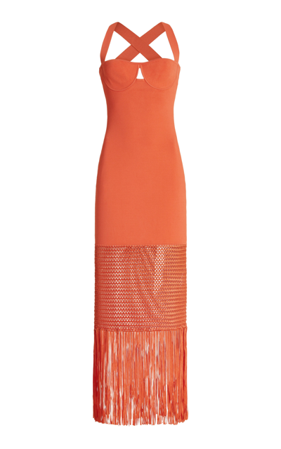 Shop Galvan Diana Fringed Macrame Midi Dress In Orange