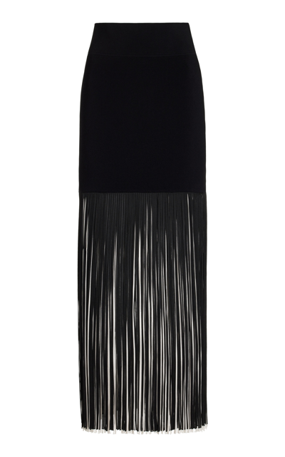 Shop Galvan Mia Fringed Knit Maxi Skirt In Black,white