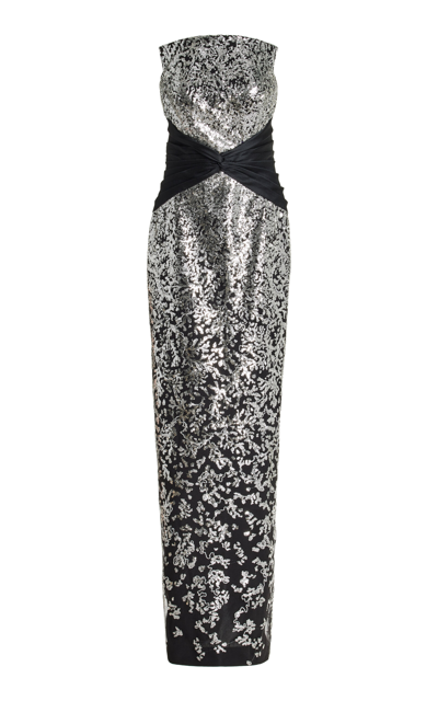Shop Pamella Roland Knit-detailed Sequined Strapless Gown In Silver