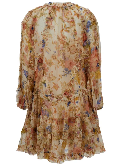 Shop Zimmermann 'august' Mini Multicolor Frill Dress With Floreal Print In Viscose Woman