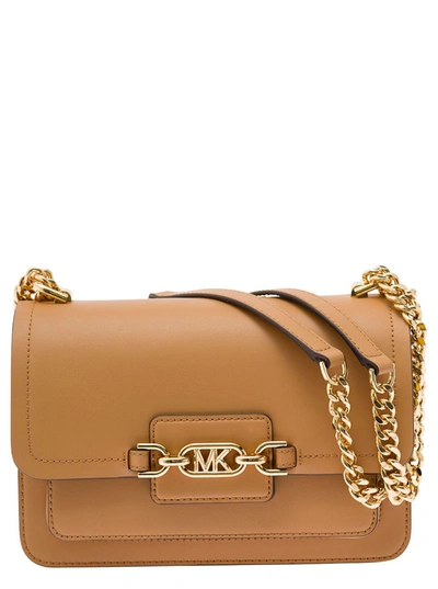 Shop Michael Michael Kors 'heather Medium' Beige Shoulder Bag With Mk Logo In Smooth Leather Woman