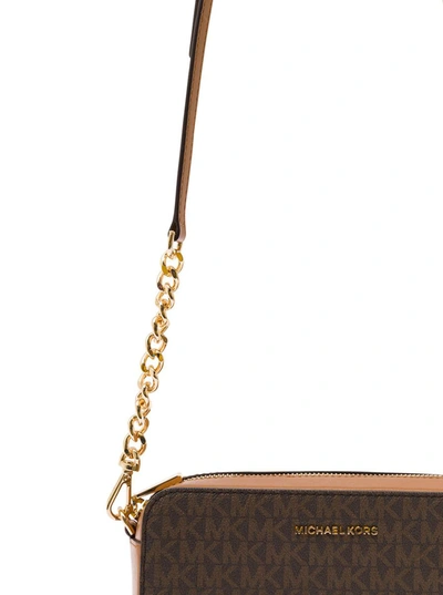 Shop Michael Michael Kors 'jet Set Medium' Brown Shoulder Bag With All-over Logo And Tassel In Canvas Woman
