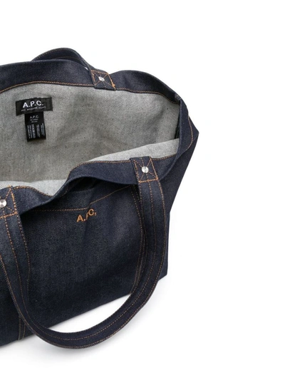 Shop Apc 'thais' Blue Tote Bag With Logo Embroidery And Front Pocket In Cotton Blend Denim Woman