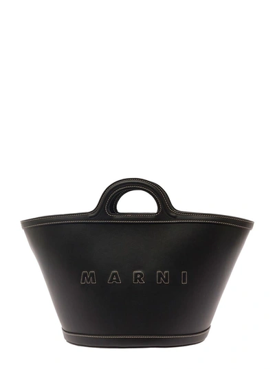 Shop Marni 'tropicalia Small' Black Handbag With Embossed Logo And Contrasting Stitch In Leather Woman